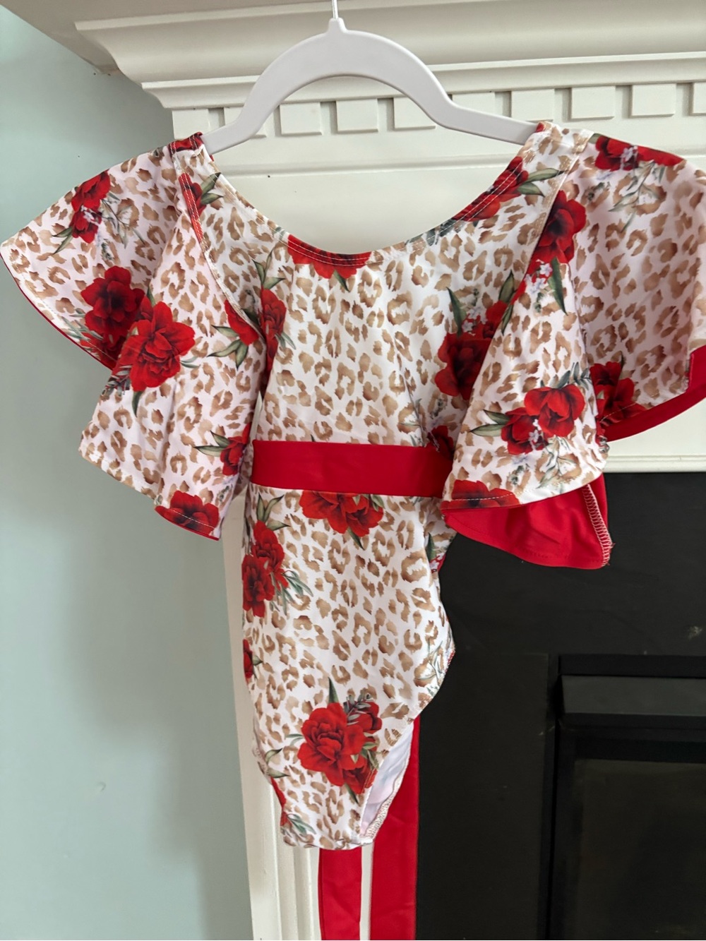 Girls Red Floral Leopard Ruffle One-Piece Swimsuit